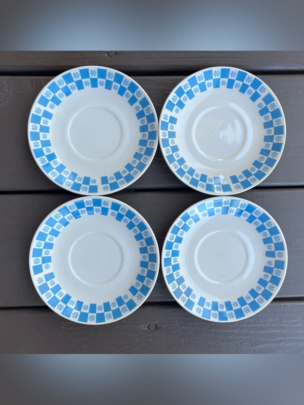 Vintage Gei Checked Snowflakes Pattern Saucers 6” Whimsy Cottage Coquette Winter